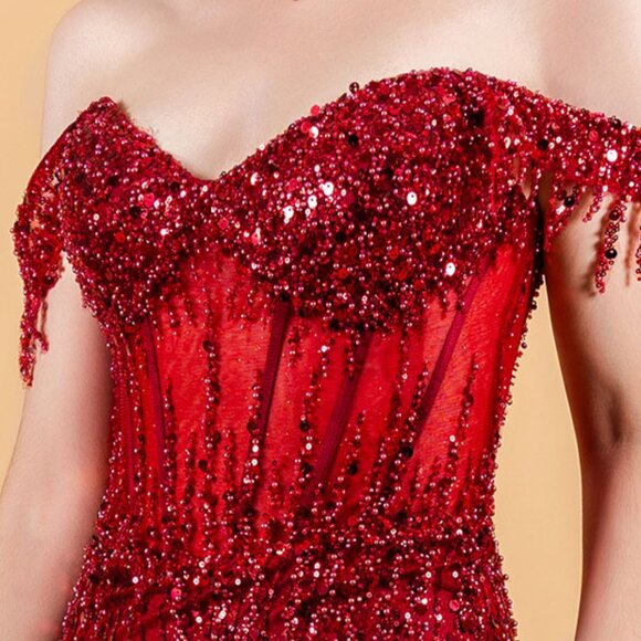 New Elegant Off Shoulder Tulle Dress w/ Beads Embroidery & Sheer Bodice GL3620 - Picture 6 of 15